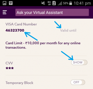 DigiBank VISA Card details