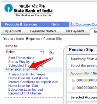 click-on-pension-slip-from-sbi-online-sidebar