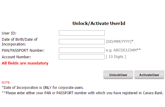 Unlock/Activate User ID of Canara Bank Internet Banking