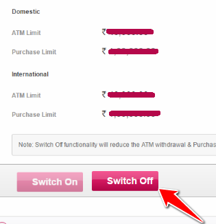Switch off button of Axis Bank debit card